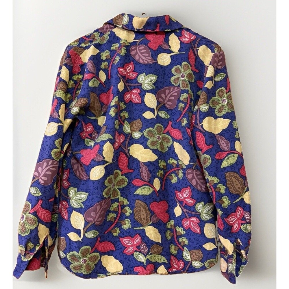 Anna and Frank 100% Silk Button Down Shirt Floral Leaves Blue Vintage 90s Medium - Picture 4 of 4